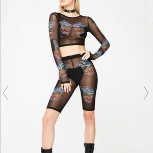 Club Exx mesh butterfly biker shorts and matching crop top